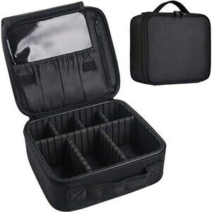Travel Makeup Case Black Train Cosmetic Bag with Dividers for Brushes Jewelry